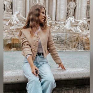 Womens Tweed Military-Button Cropped Jacket - Beige